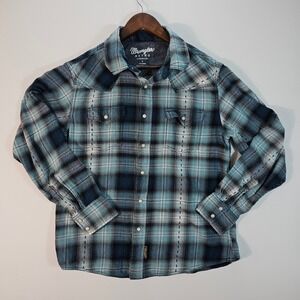 Wrangler Retro Premium Mens Blue Plaid Western Pearl Snap Shirt Large Rodeo Work